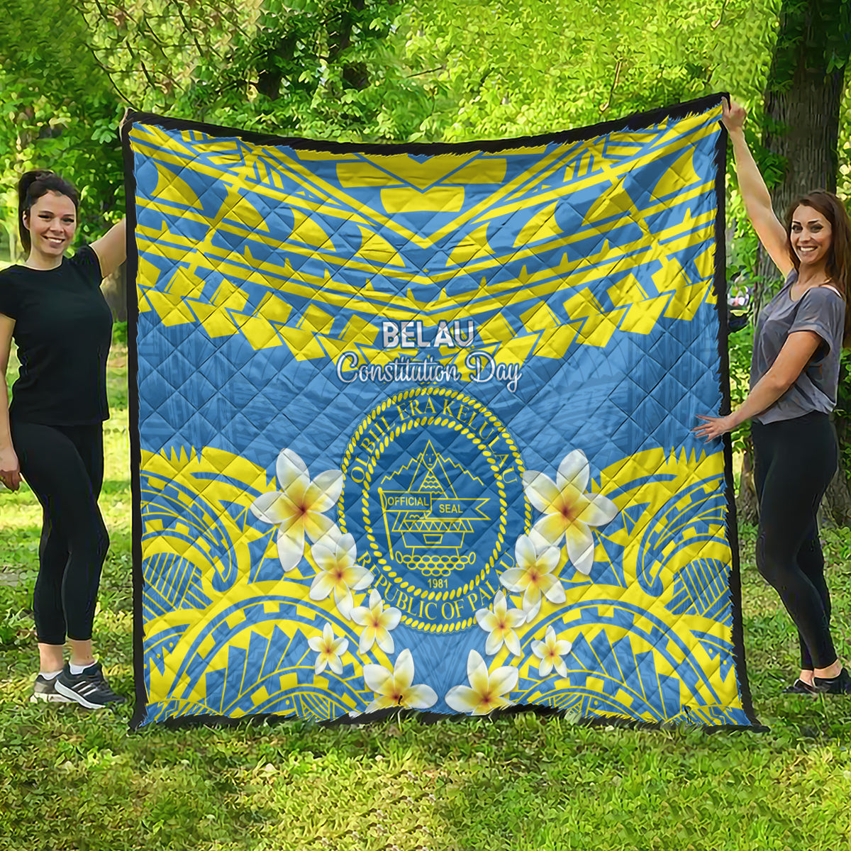 Palau Constitution Day Quilt Belau Seal With Frangipani Polynesian Pattern - Blue LT14 - Polynesian Pride