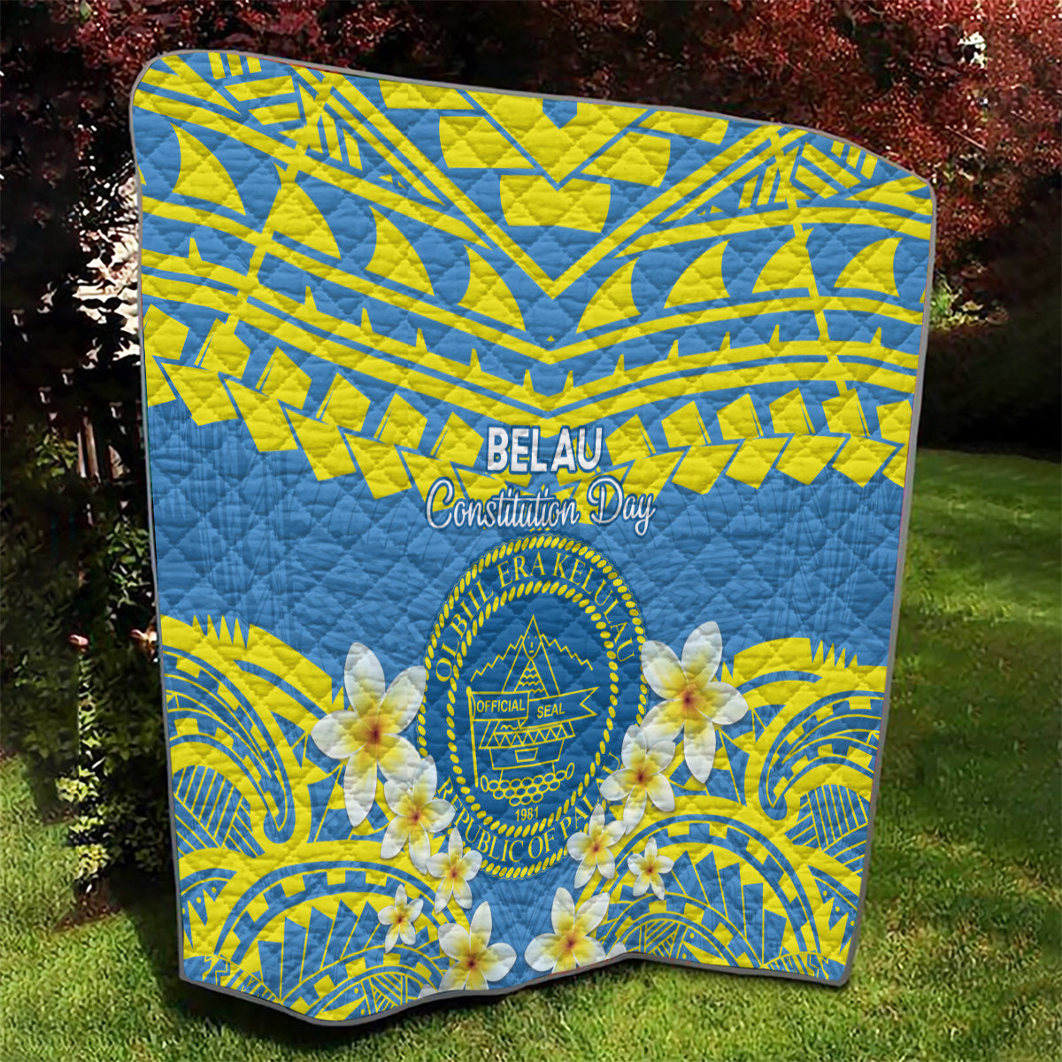 Palau Constitution Day Quilt Belau Seal With Frangipani Polynesian Pattern - Blue LT14 - Polynesian Pride