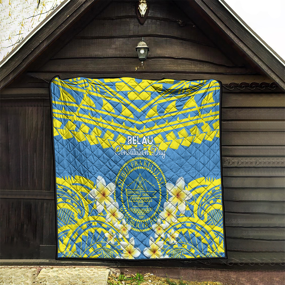 Palau Constitution Day Quilt Belau Seal With Frangipani Polynesian Pattern - Blue LT14 - Polynesian Pride