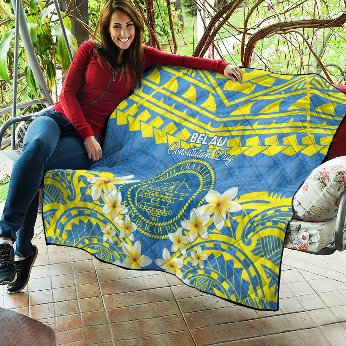 Palau Constitution Day Quilt Belau Seal With Frangipani Polynesian Pattern - Blue LT14 - Polynesian Pride