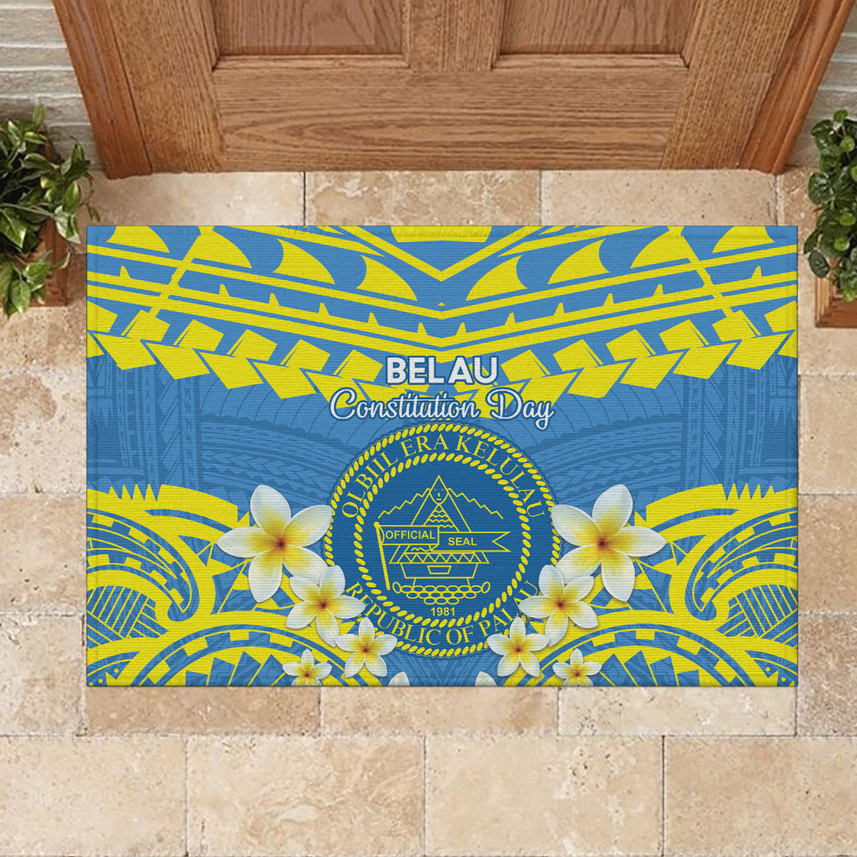 Palau Constitution Day Rubber Doormat Belau Seal With Frangipani Polynesian Pattern - Blue LT14 - Polynesian Pride