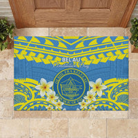 Palau Constitution Day Rubber Doormat Belau Seal With Frangipani Polynesian Pattern - Blue LT14 - Polynesian Pride