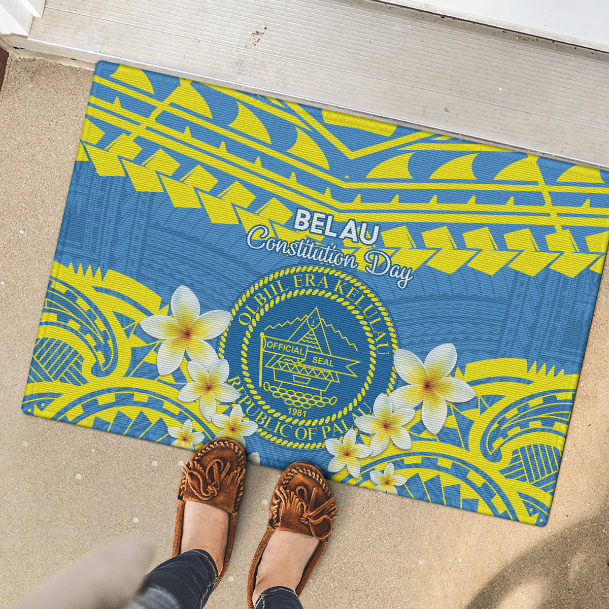 Palau Constitution Day Rubber Doormat Belau Seal With Frangipani Polynesian Pattern - Blue LT14 - Polynesian Pride