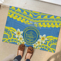 Palau Constitution Day Rubber Doormat Belau Seal With Frangipani Polynesian Pattern - Blue LT14 - Polynesian Pride