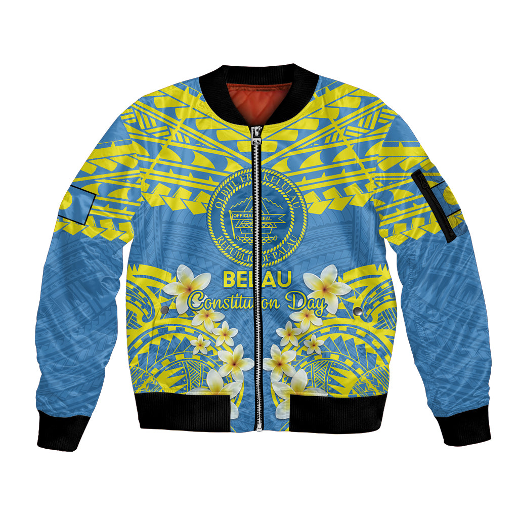 Palau Constitution Day Sleeve Zip Bomber Jacket Belau Seal With Frangipani Polynesian Pattern - Blue