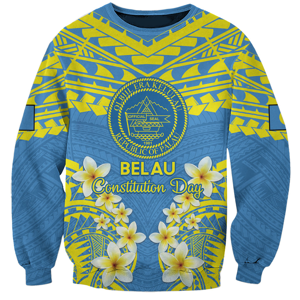 Palau Constitution Day Sweatshirt Belau Seal With Frangipani Polynesian Pattern - Blue LT14 Unisex Blue - Polynesian Pride