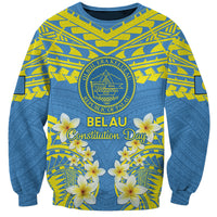 Palau Constitution Day Sweatshirt Belau Seal With Frangipani Polynesian Pattern - Blue LT14 Unisex Blue - Polynesian Pride