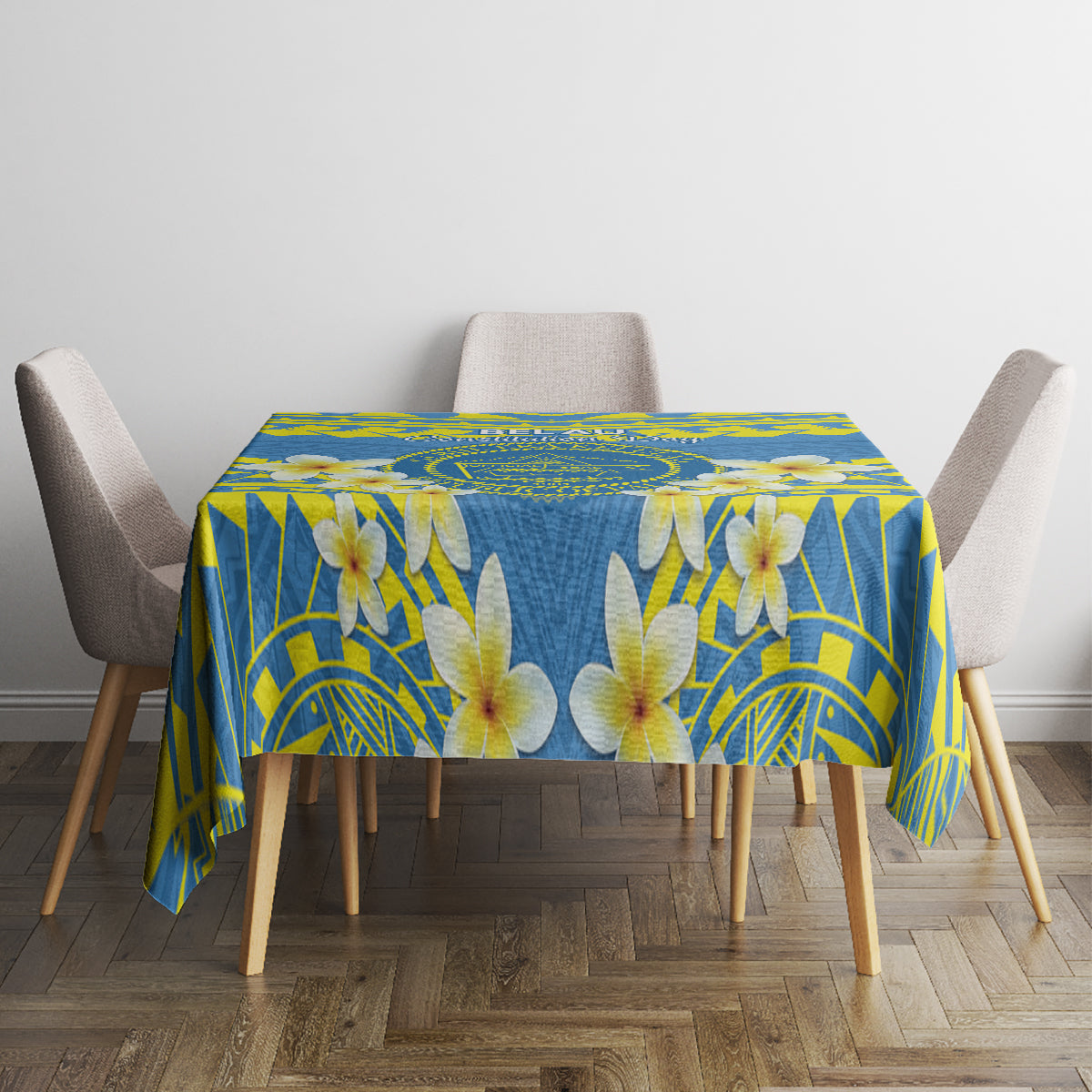 Palau Constitution Day Tablecloth Belau Seal With Frangipani Polynesian Pattern - Blue