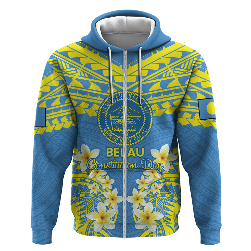 Palau Constitution Day Zip Hoodie Belau Seal With Frangipani Polynesian Pattern - Blue