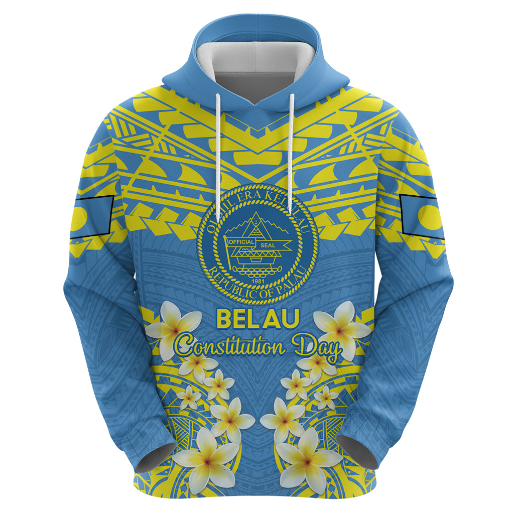 Palau Constitution Day Zip Hoodie Belau Seal With Frangipani Polynesian Pattern - Blue