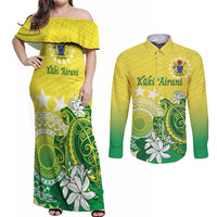 Cook Islands Independence Day Couples Matching Off Shoulder Maxi Dress and Long Sleeve Button Shirt Kuki Airani Tiare Maori Polynesian Pattern - Green LT14 Green - Polynesian Pride