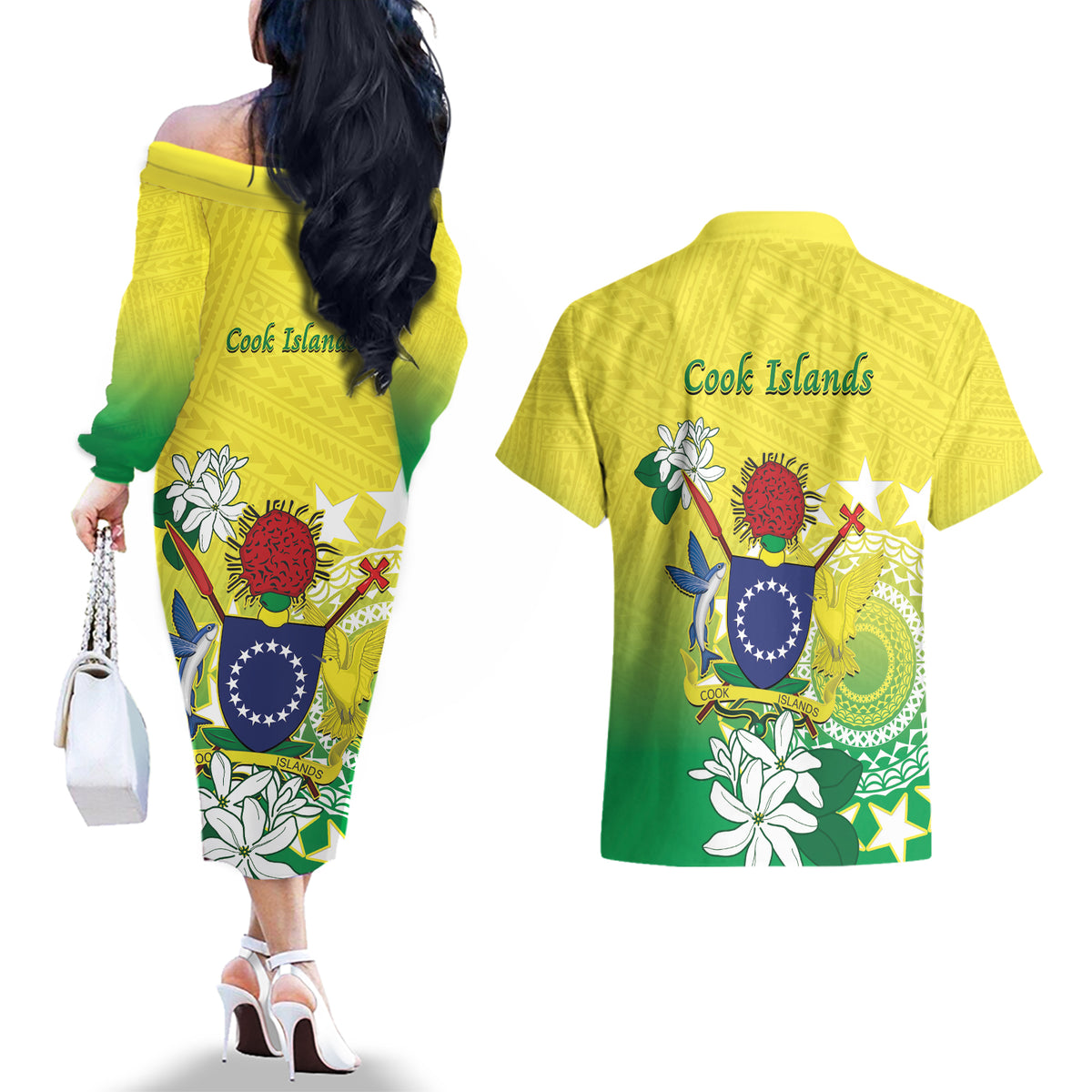 Cook Islands Independence Day Couples Matching Off The Shoulder Long Sleeve Dress and Hawaiian Shirt Kuki Airani Tiare Maori Polynesian Pattern - Green