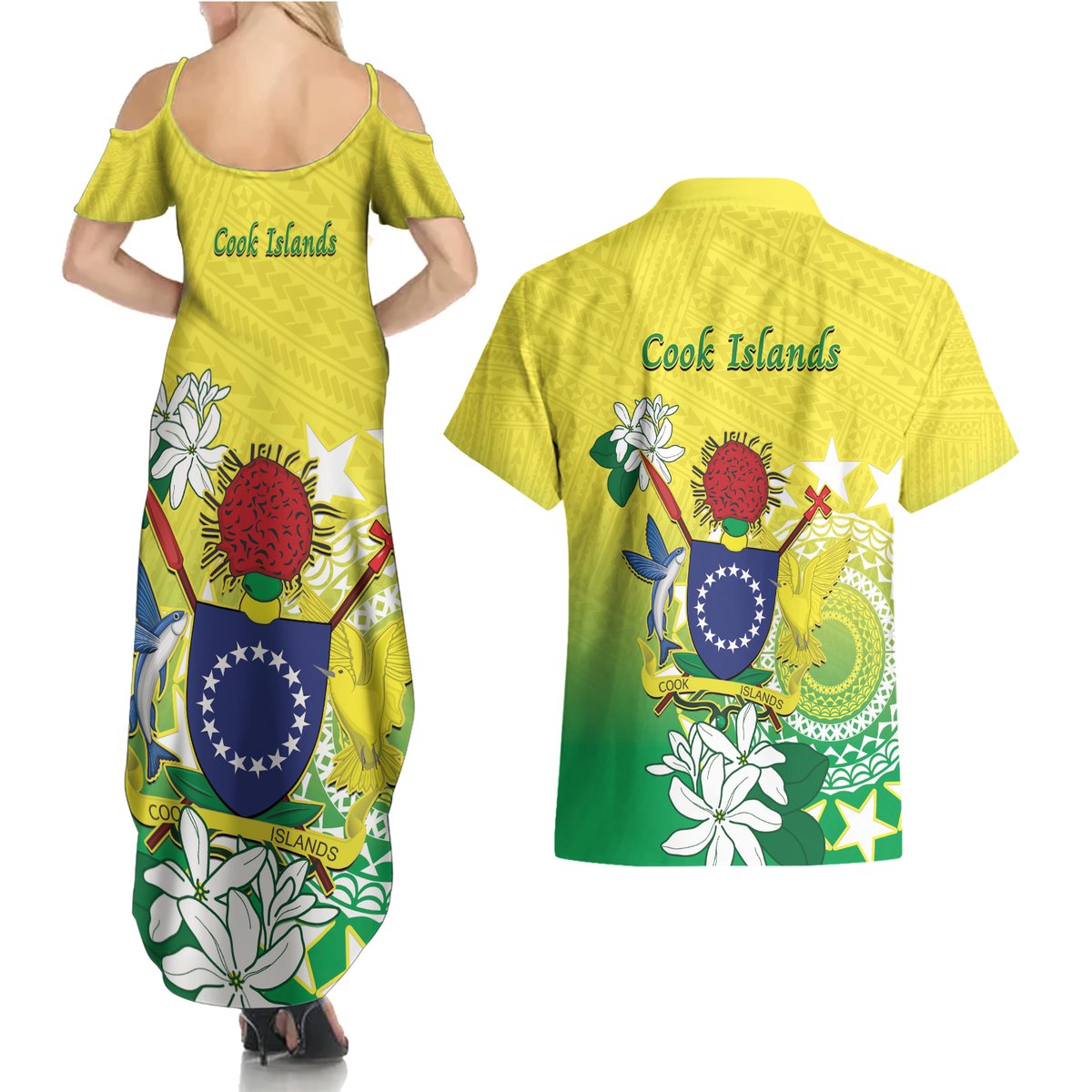Cook Islands Independence Day Couples Matching Summer Maxi Dress and Hawaiian Shirt Kuki Airani Tiare Maori Polynesian Pattern - Green LT14 - Polynesian Pride