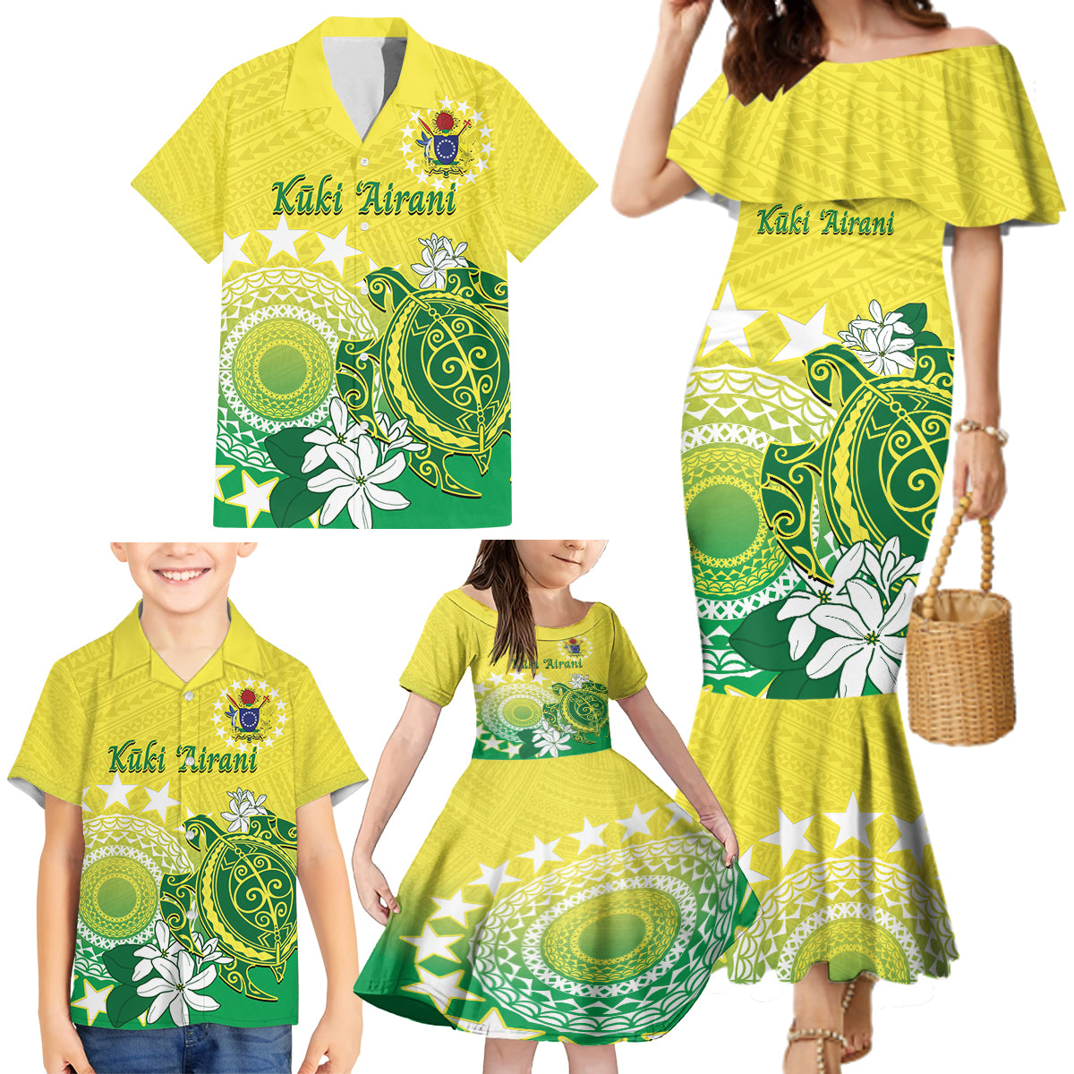 Cook Islands Independence Day Family Matching Mermaid Dress and Hawaiian Shirt Kuki Airani Tiare Maori Polynesian Pattern - Green LT14 - Polynesian Pride