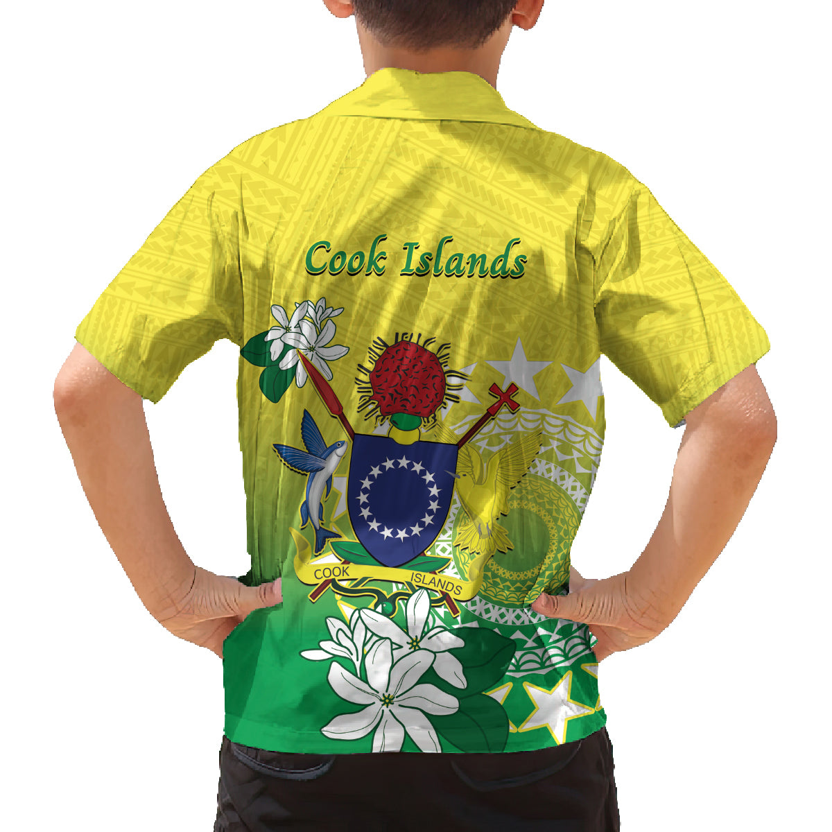 Cook Islands Independence Day Family Matching Off Shoulder Short Dress and Hawaiian Shirt Kuki Airani Tiare Maori Polynesian Pattern - Green