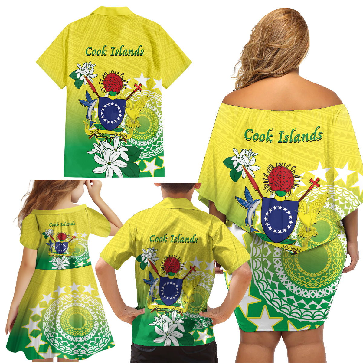 Cook Islands Independence Day Family Matching Off Shoulder Short Dress and Hawaiian Shirt Kuki Airani Tiare Maori Polynesian Pattern - Green