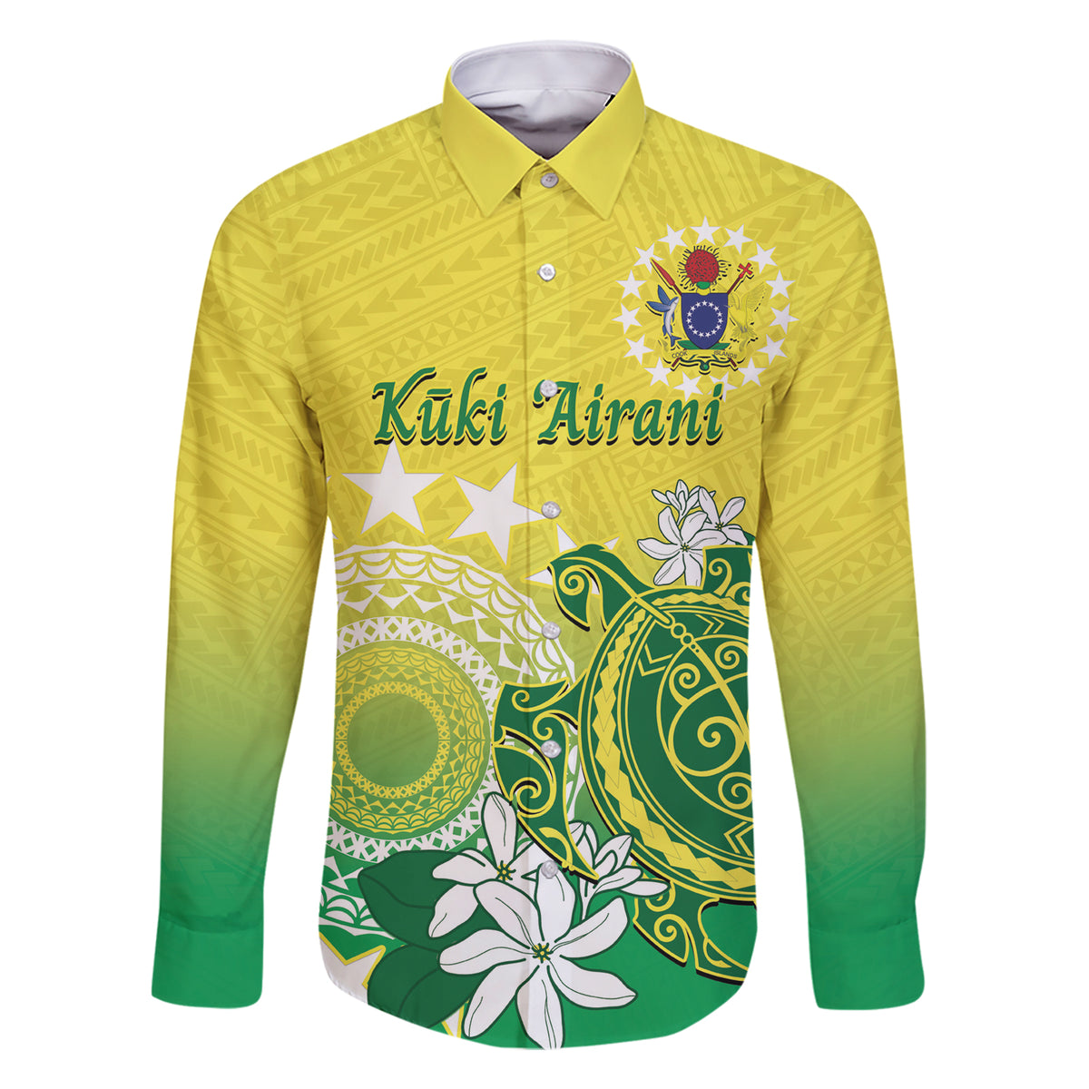 Cook Islands Independence Day Family Matching Short Sleeve Bodycon Dress and Hawaiian Shirt Kuki Airani Tiare Maori Polynesian Pattern - Green LT14 Dad's Shirt - Long Sleeve Green - Polynesian Pride