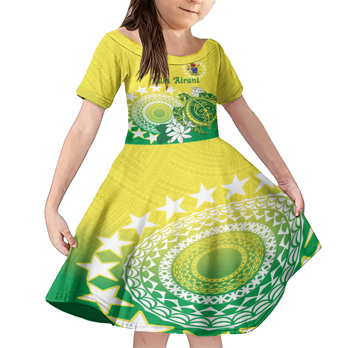 Cook Islands Independence Day Family Matching Tank Maxi Dress and Hawaiian Shirt Kuki Airani Tiare Maori Polynesian Pattern - Green LT14 Daughter's Dress Green - Polynesian Pride