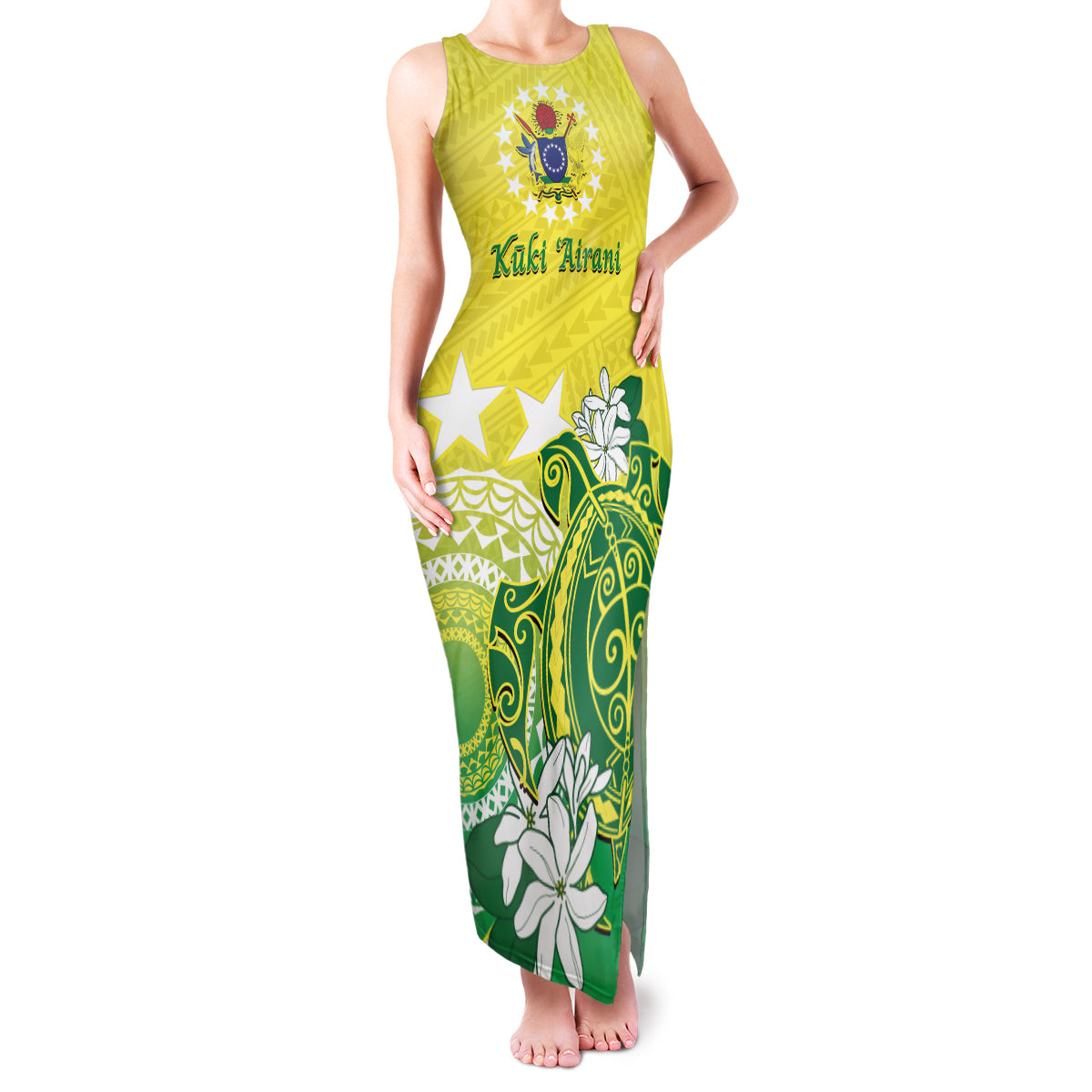 Cook Islands Independence Day Family Matching Tank Maxi Dress and Hawaiian Shirt Kuki Airani Tiare Maori Polynesian Pattern - Green LT14 Mom's Dress Green - Polynesian Pride