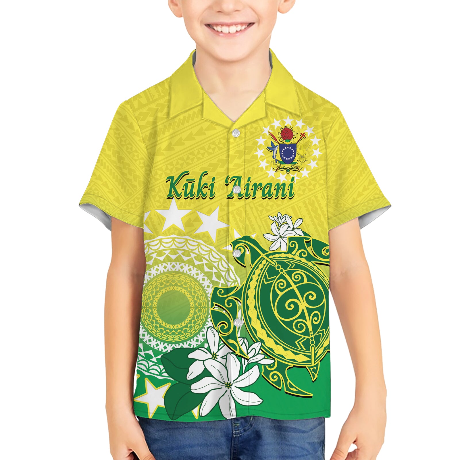 Cook Islands Independence Day Kid Hawaiian Shirt Kuki Airani Tiare Maori Polynesian Pattern - Green