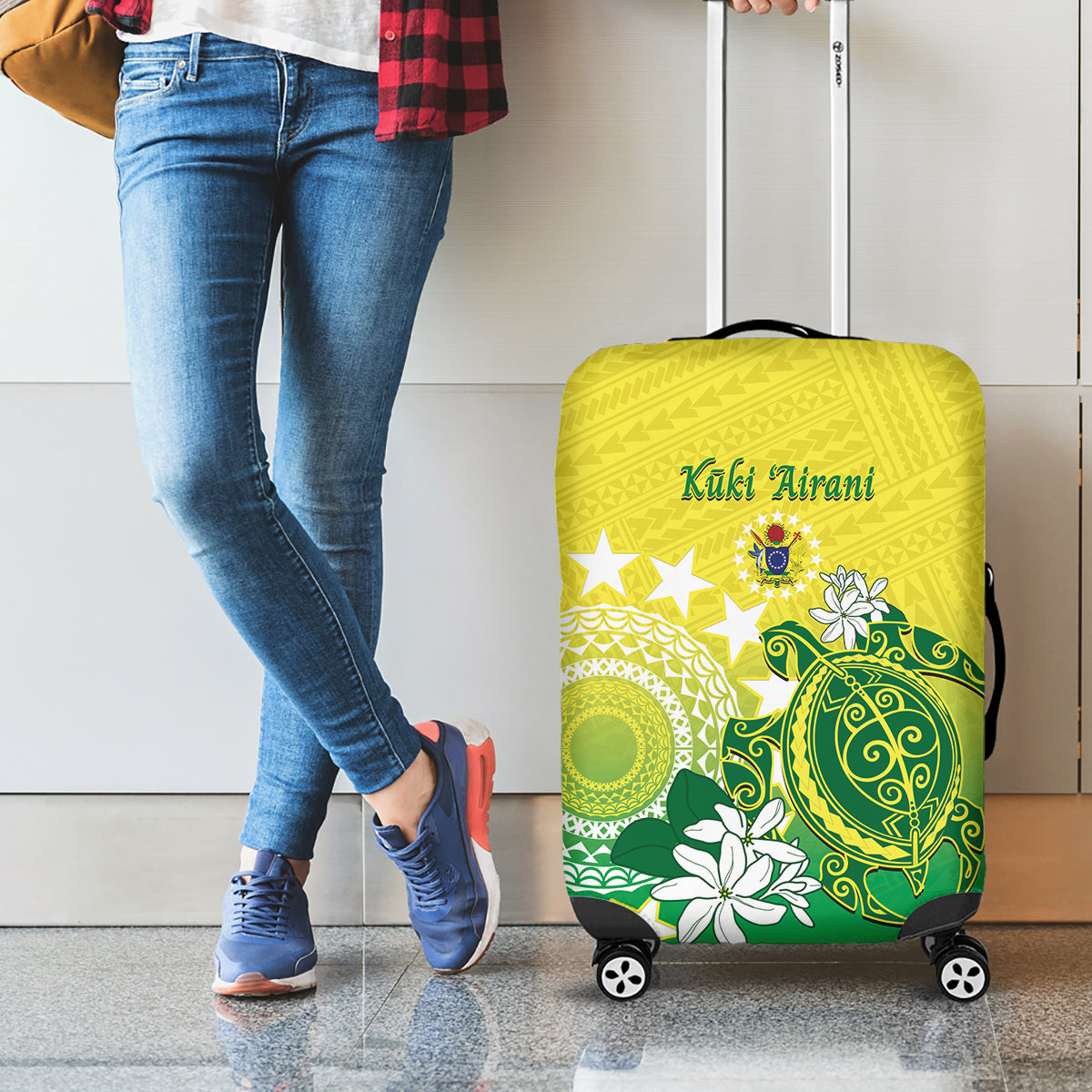Cook Islands Independence Day Luggage Cover Kuki Airani Tiare Maori Polynesian Pattern - Green