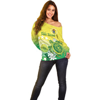 Cook Islands Independence Day Off Shoulder Sweater Kuki Airani Tiare Maori Polynesian Pattern - Green