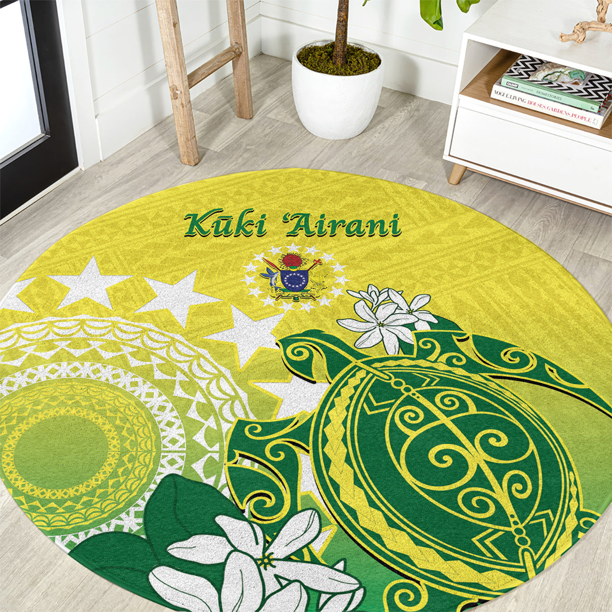 Cook Islands Independence Day Round Carpet Kuki Airani Tiare Maori Polynesian Pattern - Green