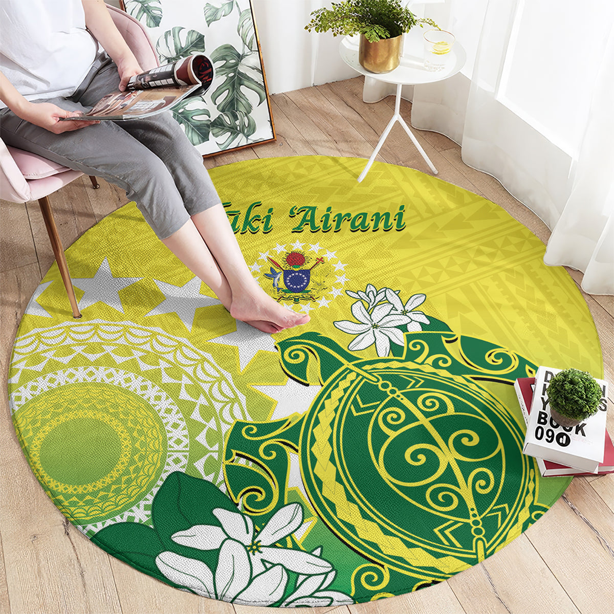 Cook Islands Independence Day Round Carpet Kuki Airani Tiare Maori Polynesian Pattern - Green
