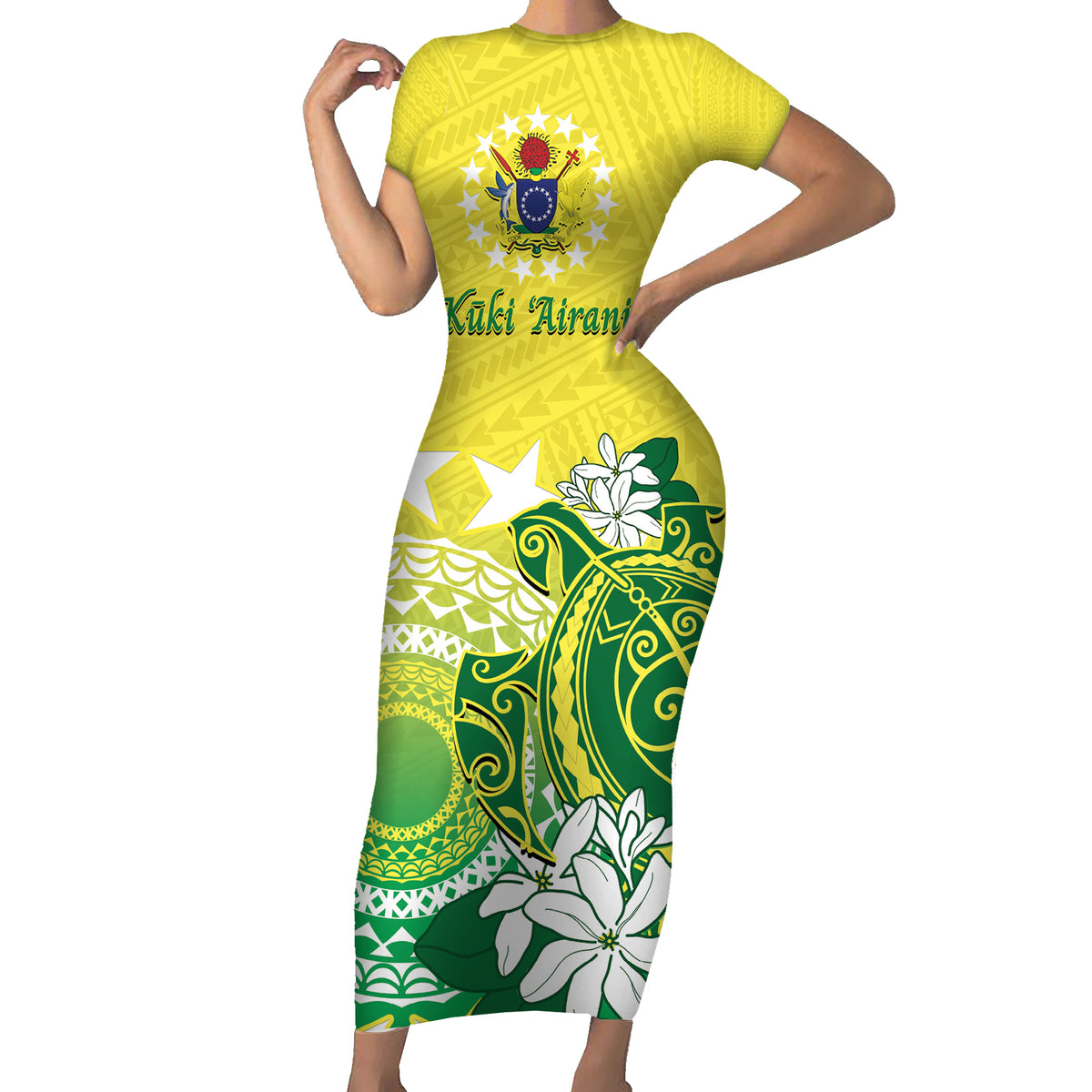 Cook Islands Independence Day Short Sleeve Bodycon Dress Kuki Airani Tiare Maori Polynesian Pattern - Green