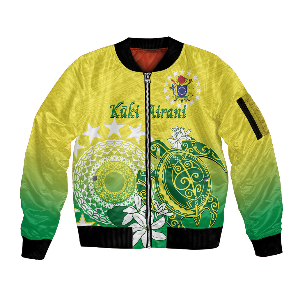 Cook Islands Independence Day Sleeve Zip Bomber Jacket Kuki Airani Tiare Maori Polynesian Pattern - Green