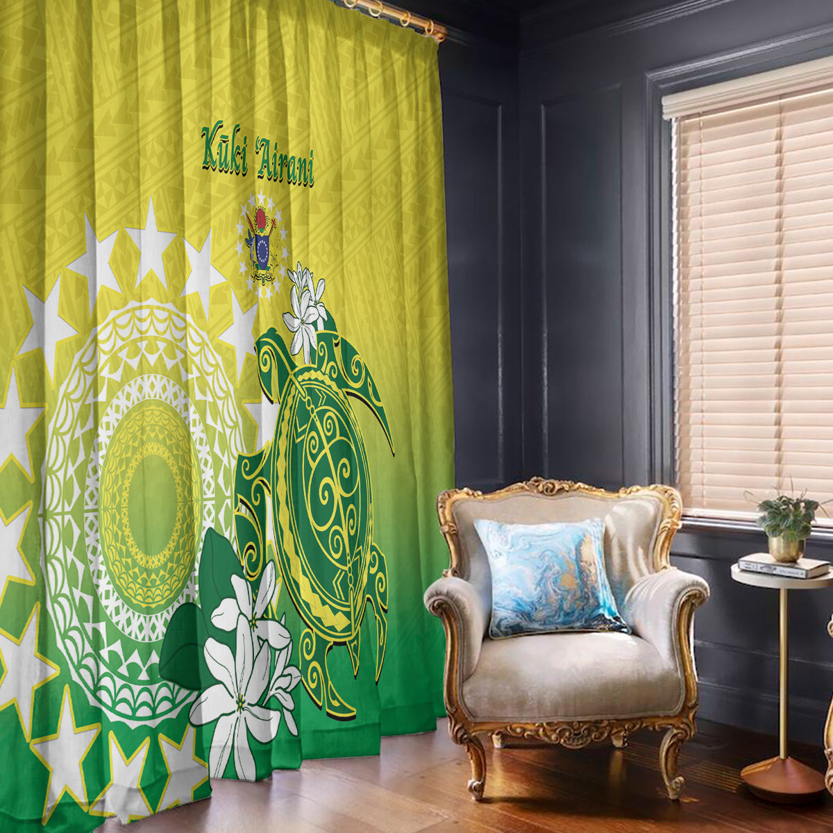 Cook Islands Independence Day Window Curtain Kuki Airani Tiare Maori Polynesian Pattern - Green