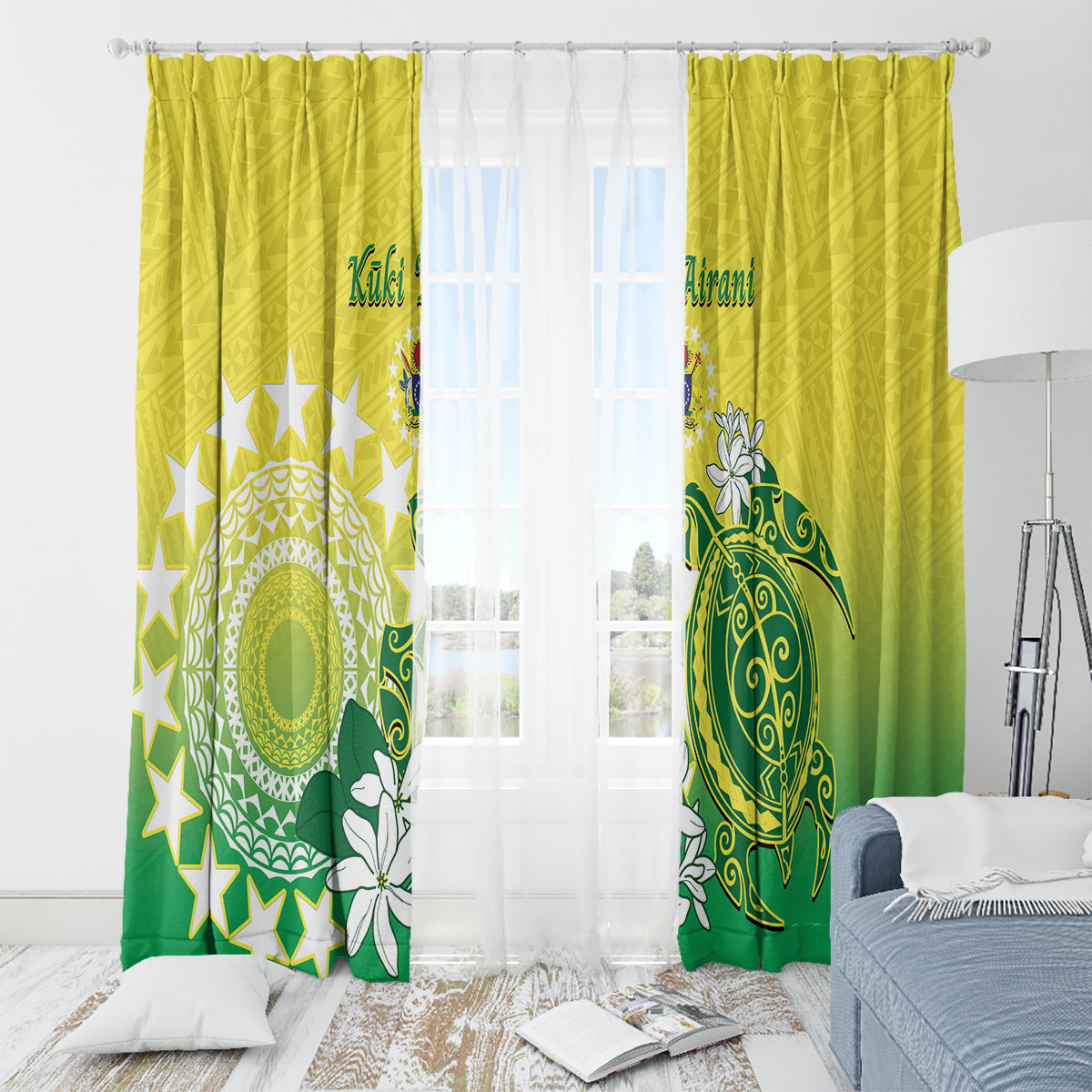 Cook Islands Independence Day Window Curtain Kuki Airani Tiare Maori Polynesian Pattern - Green