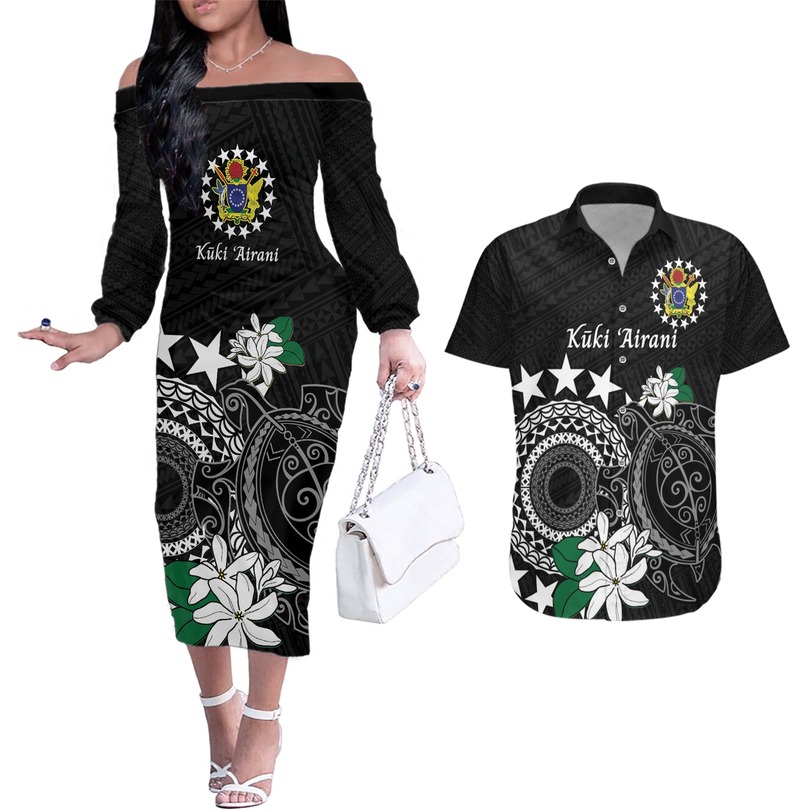 Cook Islands Independence Day Couples Matching Off The Shoulder Long Sleeve Dress and Hawaiian Shirt Kuki Airani Tiare Maori Polynesian Pattern - Black
