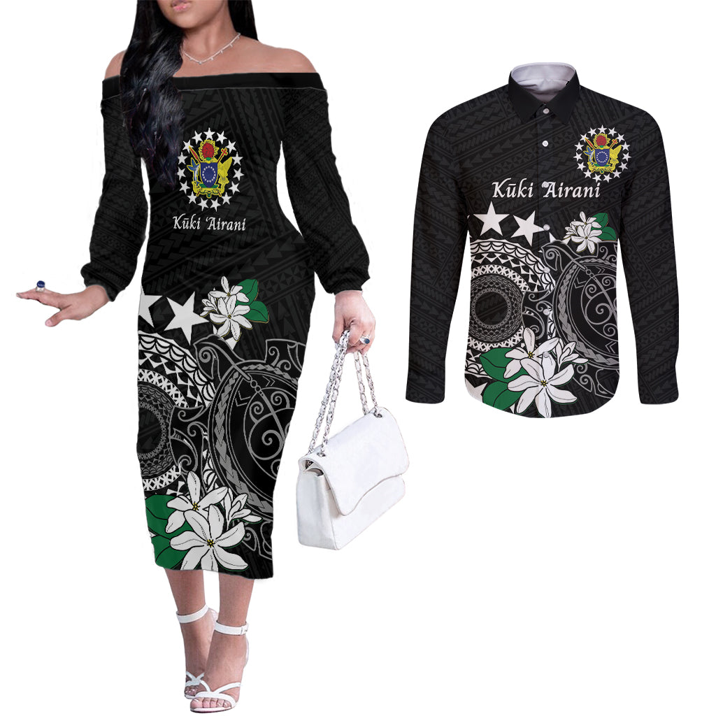 Cook Islands Independence Day Couples Matching Off The Shoulder Long Sleeve Dress and Long Sleeve Button Shirt Kuki Airani Tiare Maori Polynesian Pattern - Black LT14 Black - Polynesian Pride