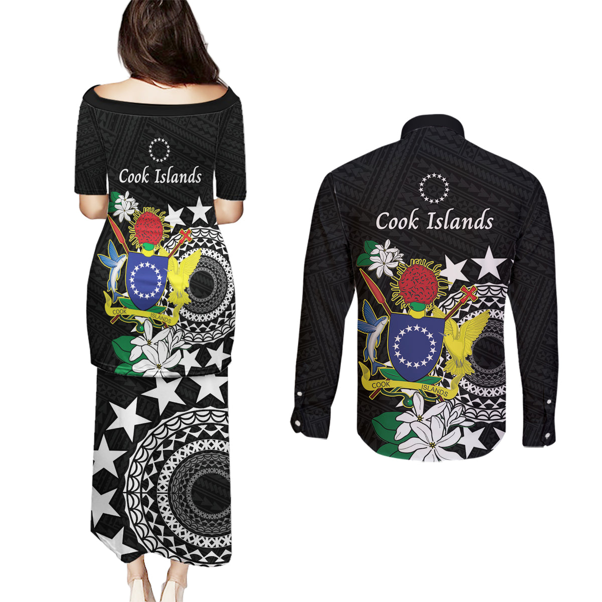 Cook Islands Independence Day Couples Matching Puletasi and Long Sleeve Button Shirt Kuki Airani Tiare Maori Polynesian Pattern - Black