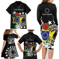 Cook Islands Independence Day Family Matching Long Sleeve Bodycon Dress and Hawaiian Shirt Kuki Airani Tiare Maori Polynesian Pattern - Black