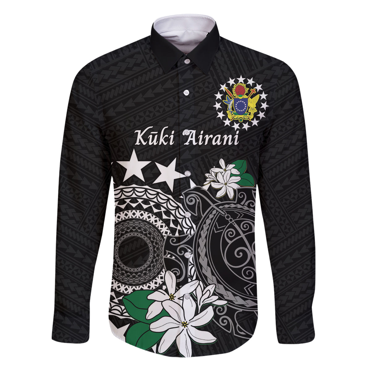 Cook Islands Independence Day Family Matching Mermaid Dress and Hawaiian Shirt Kuki Airani Tiare Maori Polynesian Pattern - Black LT14 Dad's Shirt - Long Sleeve Black - Polynesian Pride