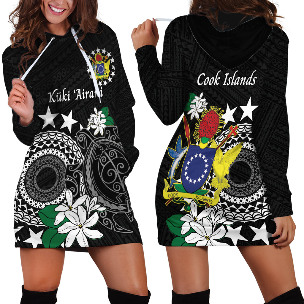 Cook Islands Independence Day Hoodie Dress Kuki Airani Tiare Maori Polynesian Pattern - Black