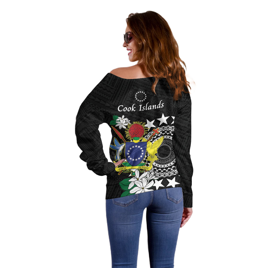 Cook Islands Independence Day Off Shoulder Sweater Kuki Airani Tiare Maori Polynesian Pattern - Black