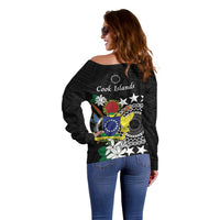Cook Islands Independence Day Off Shoulder Sweater Kuki Airani Tiare Maori Polynesian Pattern - Black