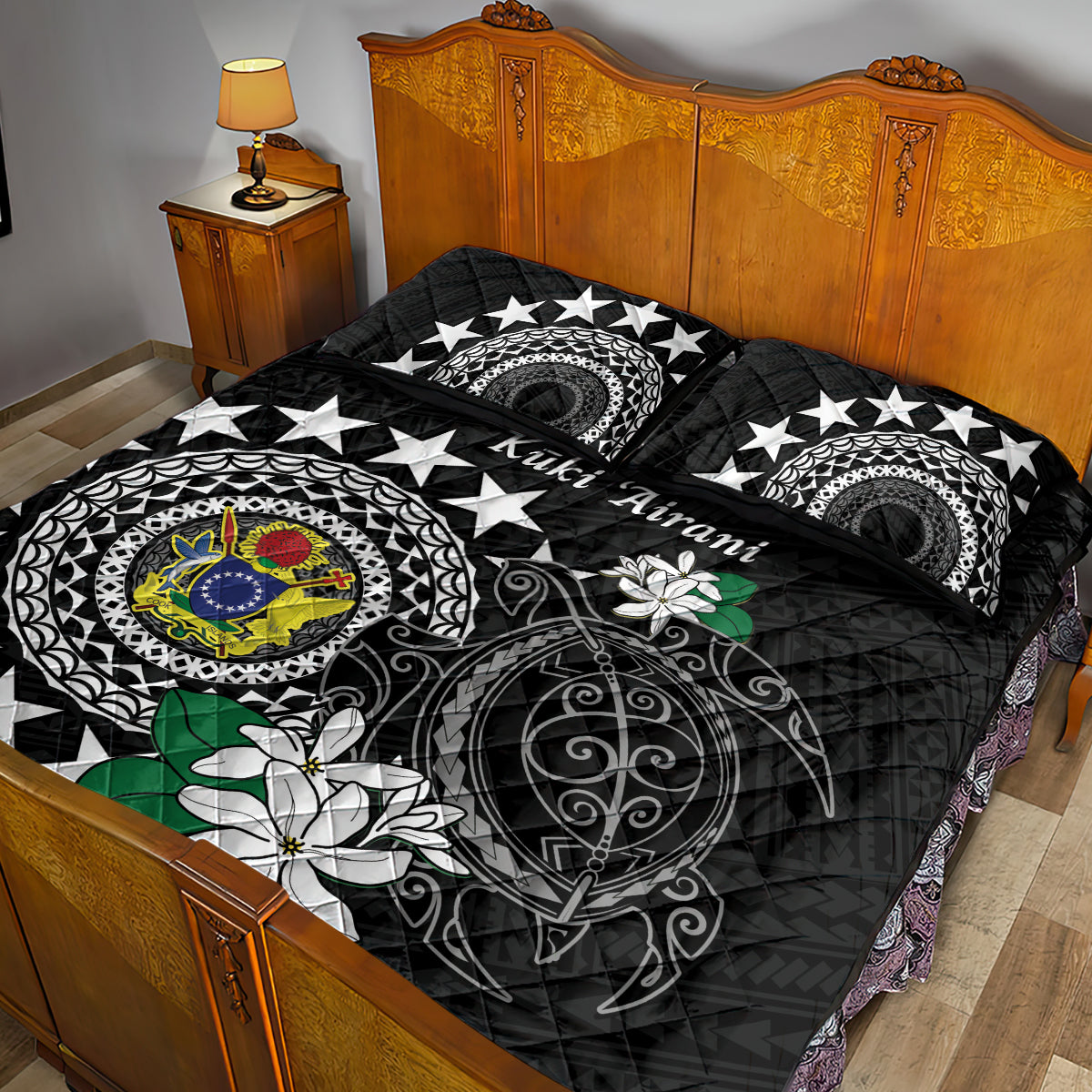 Cook Islands Independence Day Quilt Bed Set Kuki Airani Tiare Maori Polynesian Pattern - Black
