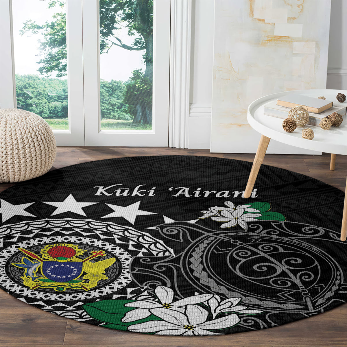 Cook Islands Independence Day Round Carpet Kuki Airani Tiare Maori Polynesian Pattern - Black