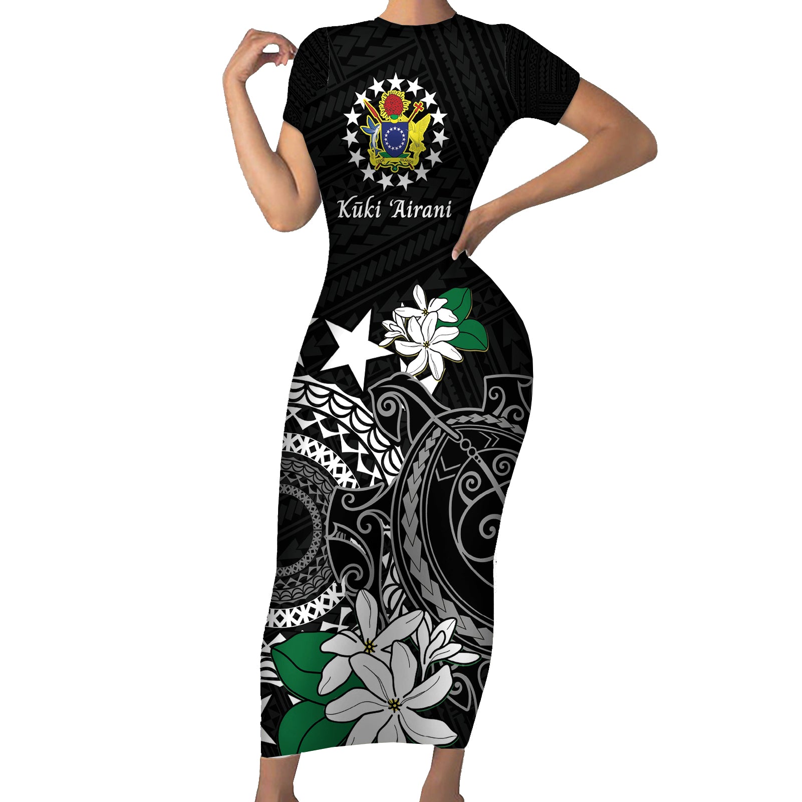 Cook Islands Independence Day Short Sleeve Bodycon Dress Kuki Airani Tiare Maori Polynesian Pattern - Black