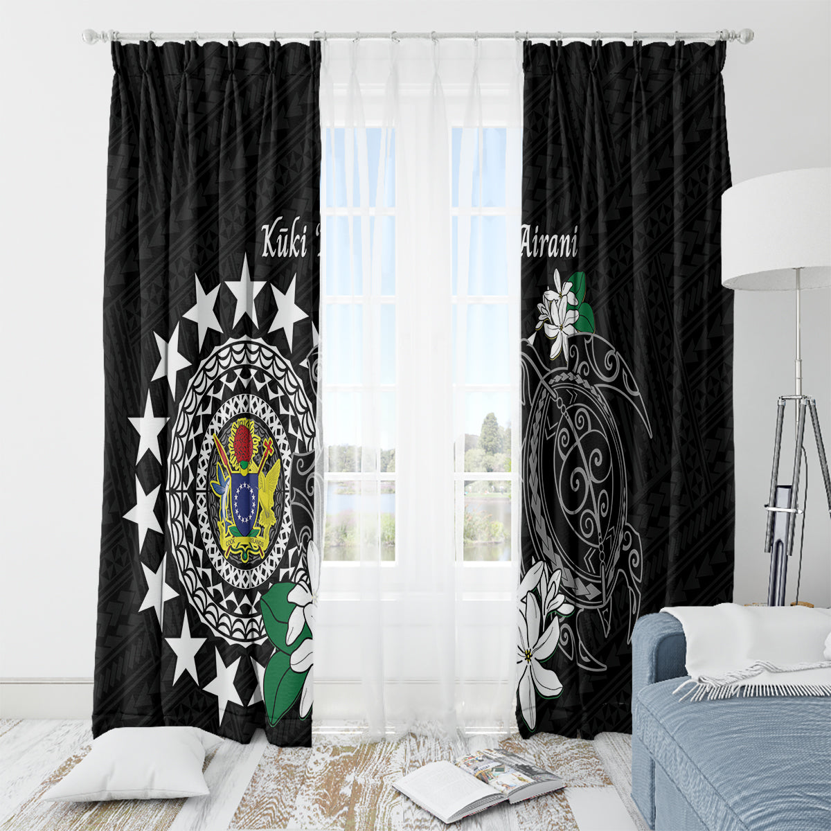Cook Islands Independence Day Window Curtain Kuki Airani Tiare Maori Polynesian Pattern - Black