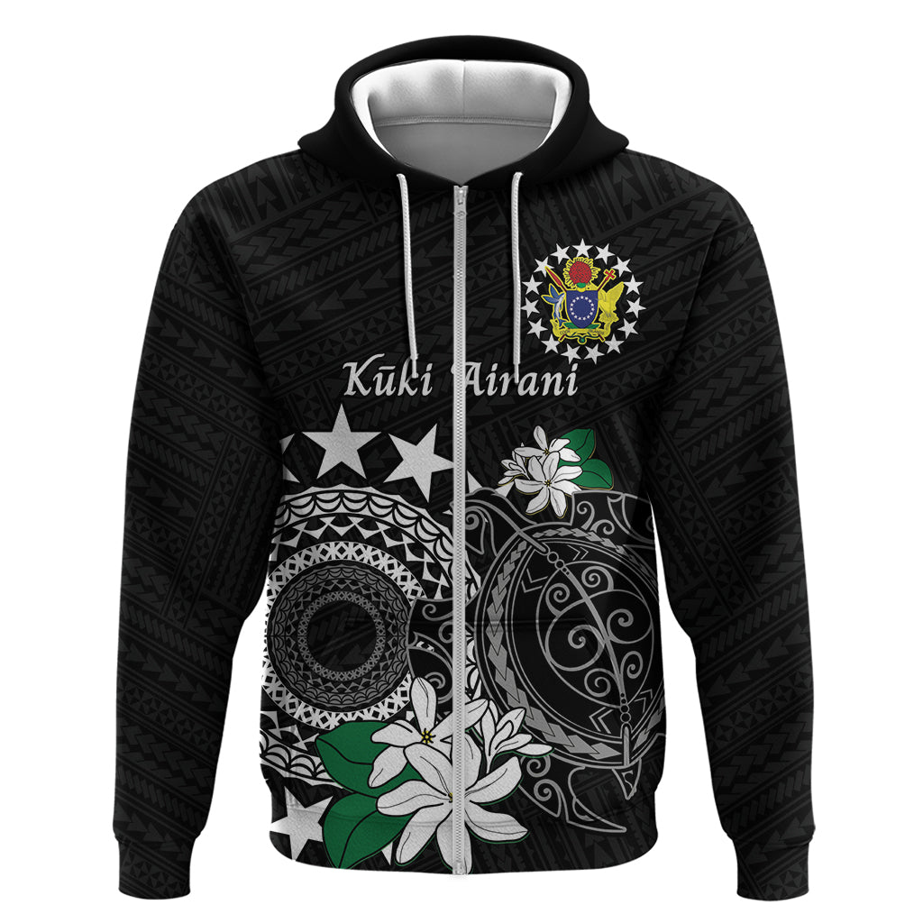 Cook Islands Independence Day Zip Hoodie Kuki Airani Tiare Maori Polynesian Pattern - Black