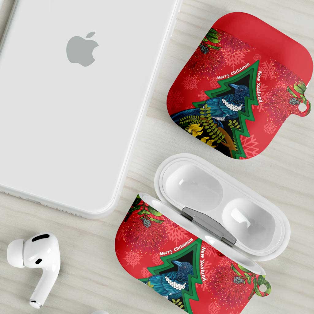 New Zealand Christmas In July AirPods Case Kowhai Tui Bird With Pohutukawa - Red - Polynesian Pride