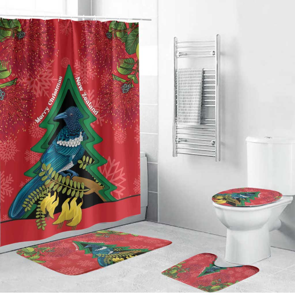 New Zealand Christmas In July Bathroom Set Kowhai Tui Bird With Pohutukawa - Red - Polynesian Pride