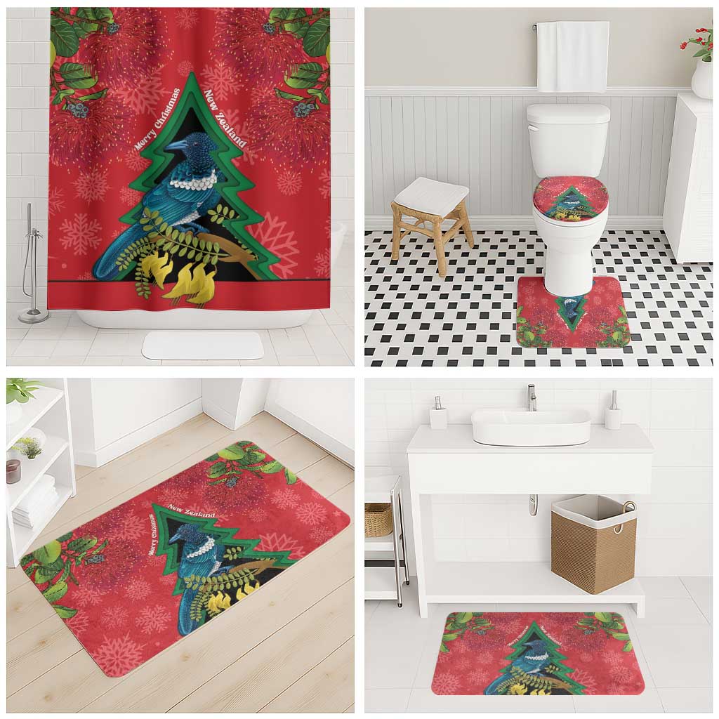 New Zealand Christmas In July Bathroom Set Kowhai Tui Bird With Pohutukawa - Red - Polynesian Pride