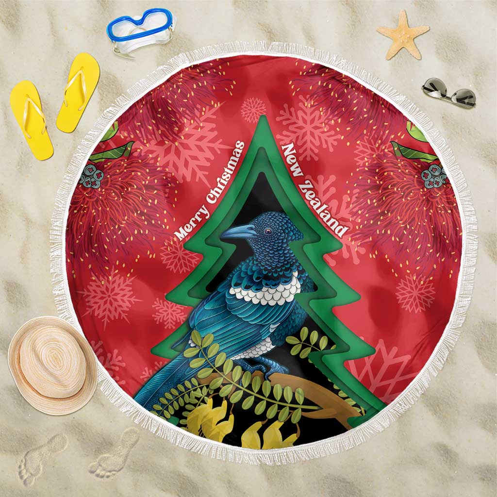 New Zealand Christmas In July Beach Blanket Kowhai Tui Bird With Pohutukawa - Red