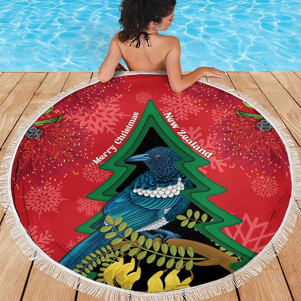 New Zealand Christmas In July Beach Blanket Kowhai Tui Bird With Pohutukawa - Red